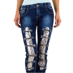 European Designed Distressed Embellished Jeans NWT